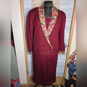 Vintage 80's Burgundy Red Acrylic Floral Trim Blazer and Skirt Set